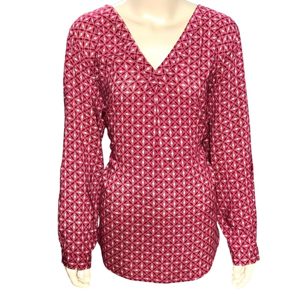 CCC Boho Chic Long Sleeve Geometric Print Red White Tunic Elegant Blouse Medium